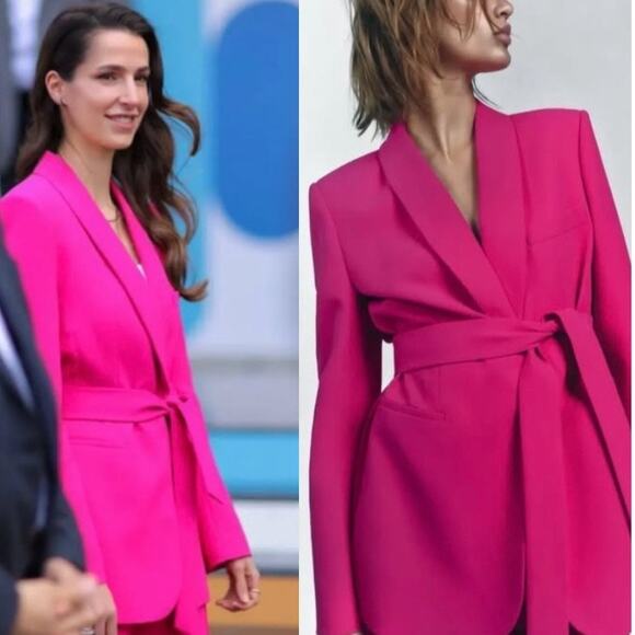 Zara Neon Fuchsia Hot Pink Tuxedo Collar Blazer Single Button Tie Waist Belted - Picture 3 of 11
